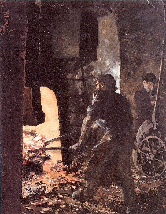 Adolph von Menzel Self-Portrait with Worker near the Steam-hammer oil painting image